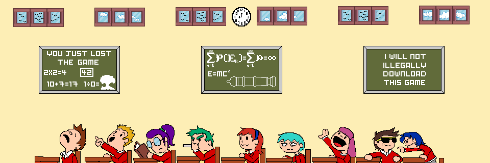 Ilustración de tipo videojuego donde aparecen unos niños sentados en hilera en un salón de clases
