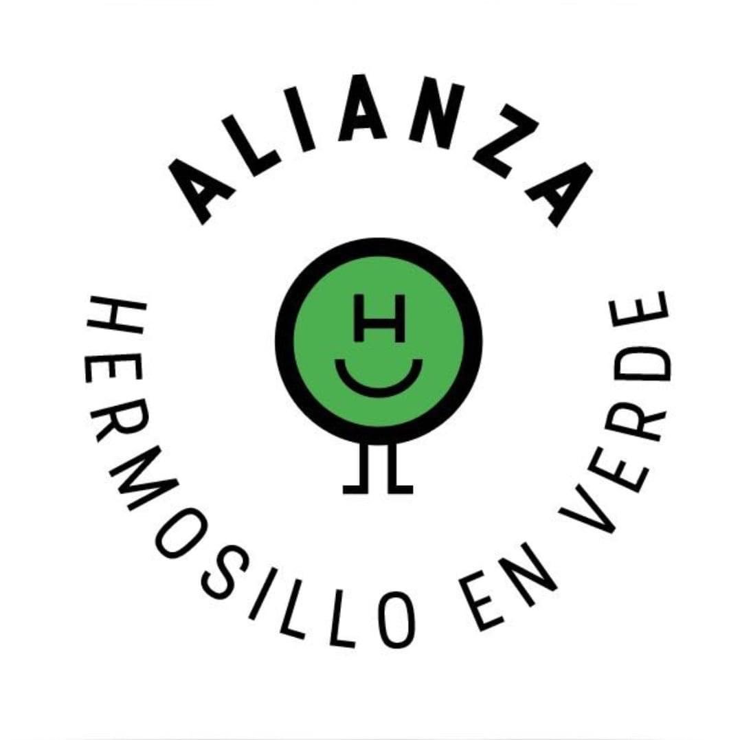 Circulo con piernas color verde y la orilla color negro. Al rededor letras color negro "ALIANZA HERMOSILLO EN VERDE" creada por COVID-19