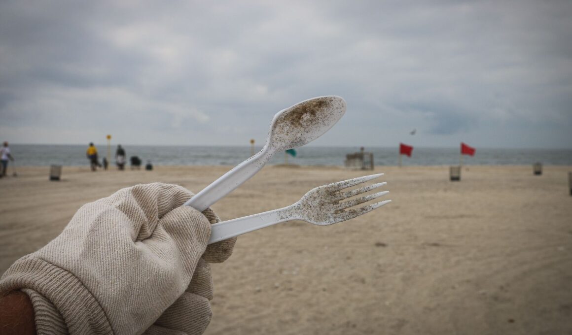mano sostiene cubiertos de plástico en la playa