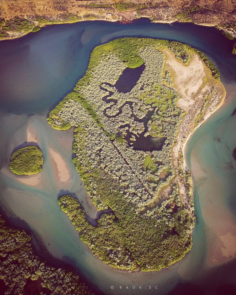 Imagen desde arriba del manglar Estero el Soldado, maravilla natural de San Carlos. En medio se puede notar como una tipo isla con gran vegetación de diferentes tonalidades del color verde. Alrededor de esta hay agua.