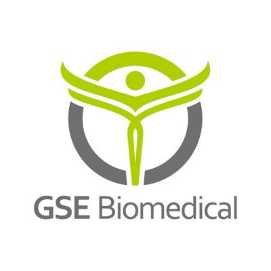 Logotipo de un circulo color gris con toques color verde limón. En la parte de abajo tiene con letras color gris oscuro "GSE Biomedical".