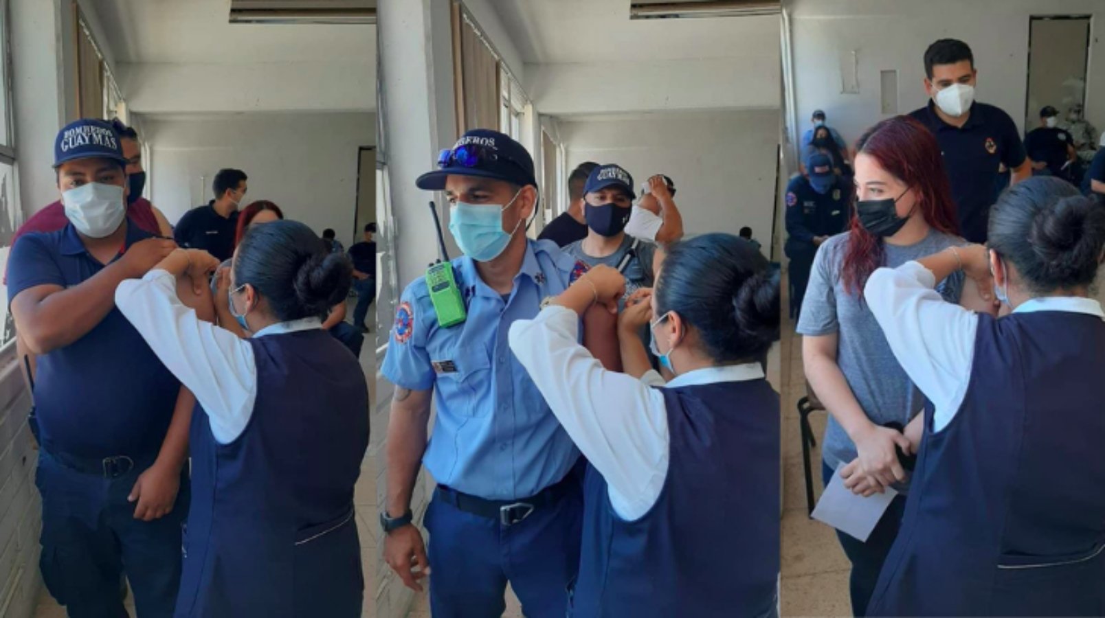 enfermera vestida de azul aplica vacuna a bomberos de Guaymas