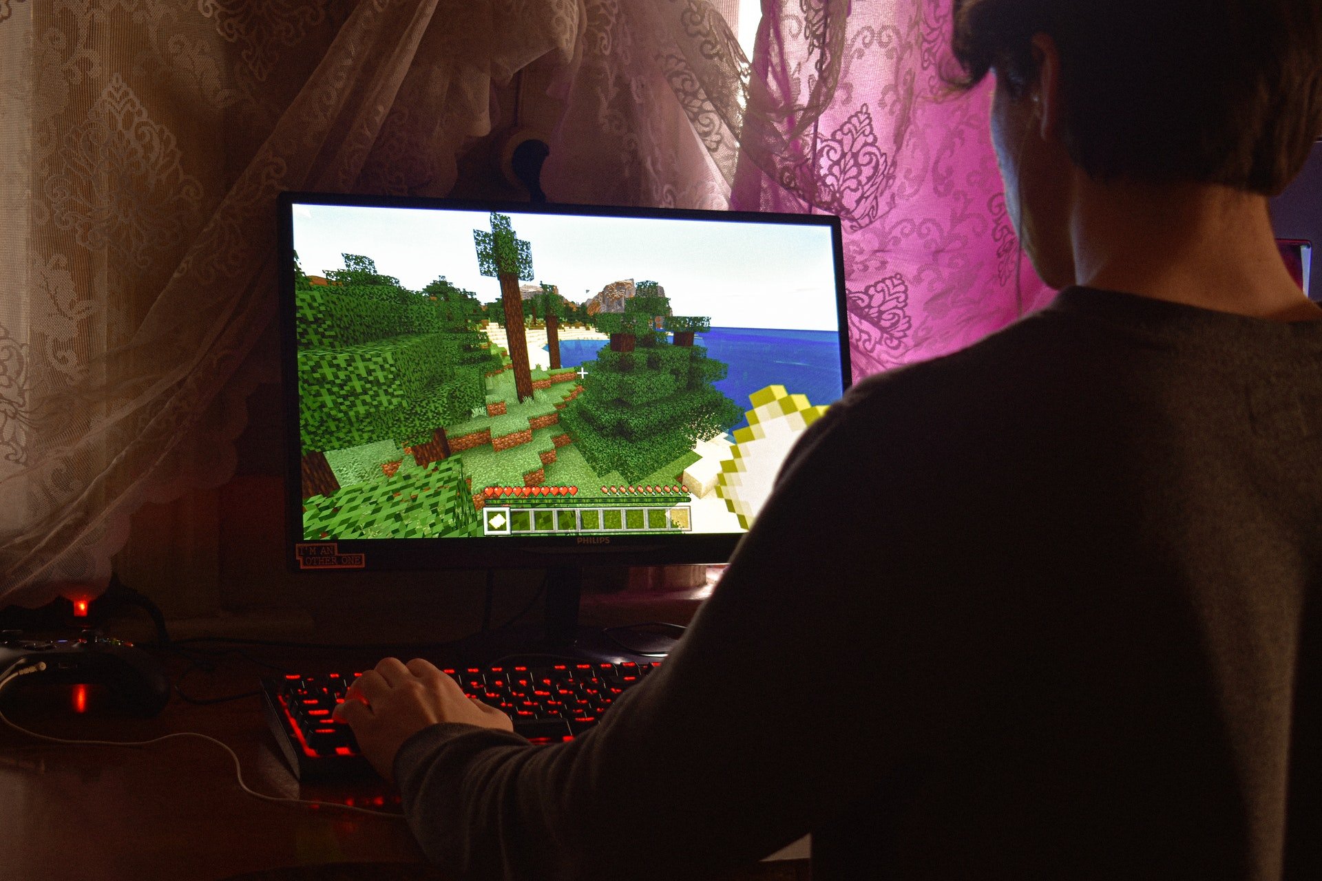 Hombre juega Videojuegos en línea en un ordenador