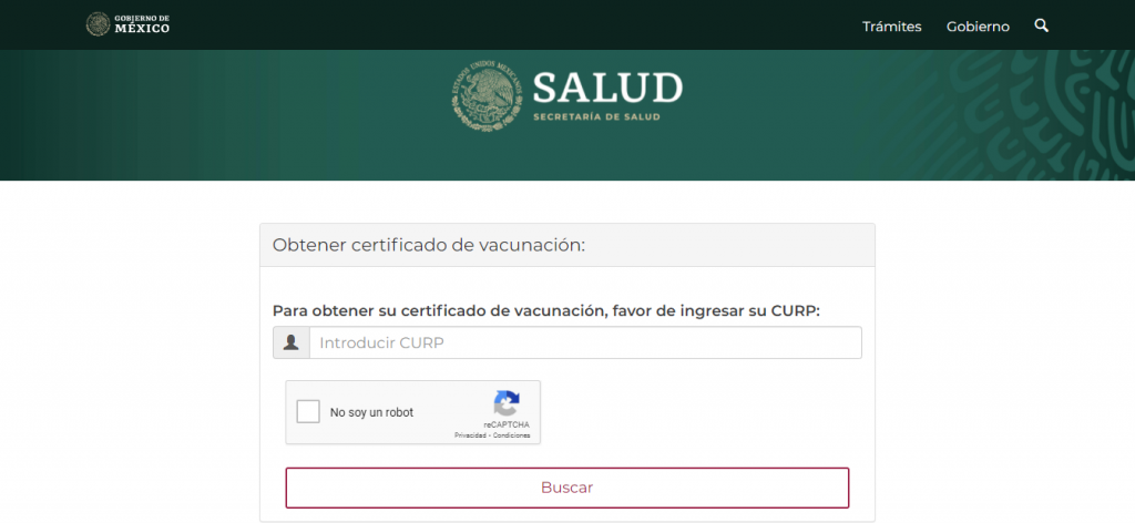 Vista de sitio oficial para solicitar el certificado de vacunación COVID-19. 