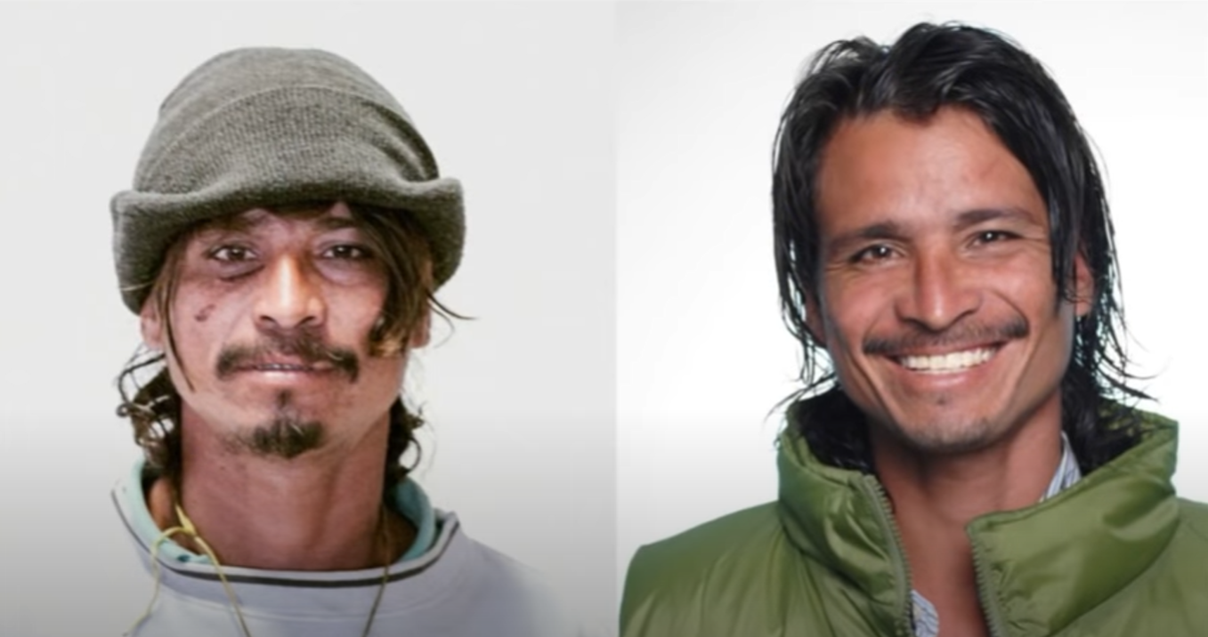 Foto de Juan Rubalcava  antes y después de un hombre en situación de calle. 