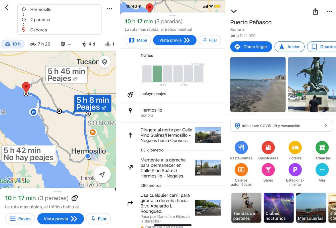 Capturas de pantalla de aplicación Google Maps. 