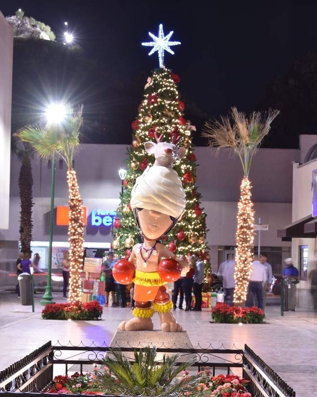 Andador en centro de Hermosillo con árbol de Navidad