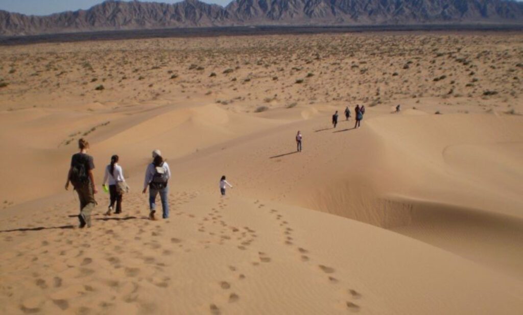 grupo de personas camina sobre dunas  desérticas