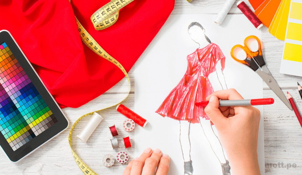 Boceto de vestido rojo y accesorios de costura