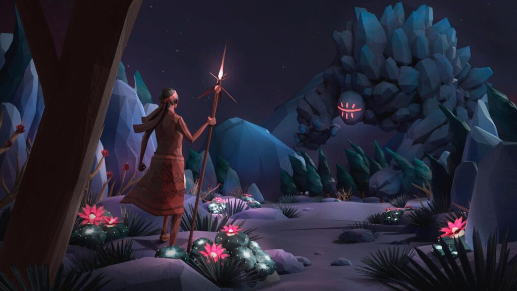 Escena nocturna de videojuego tarahumara