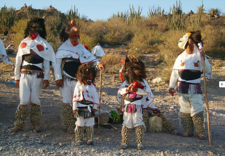 Hombres y niños de la etni pima vestidos con indumentaria tradicional para un baile de fariseos