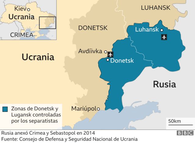 Mapa de Ucrania señalando las regiones rebeldes de Donetsk y Luhansk en frontera con Rusia y Crimea