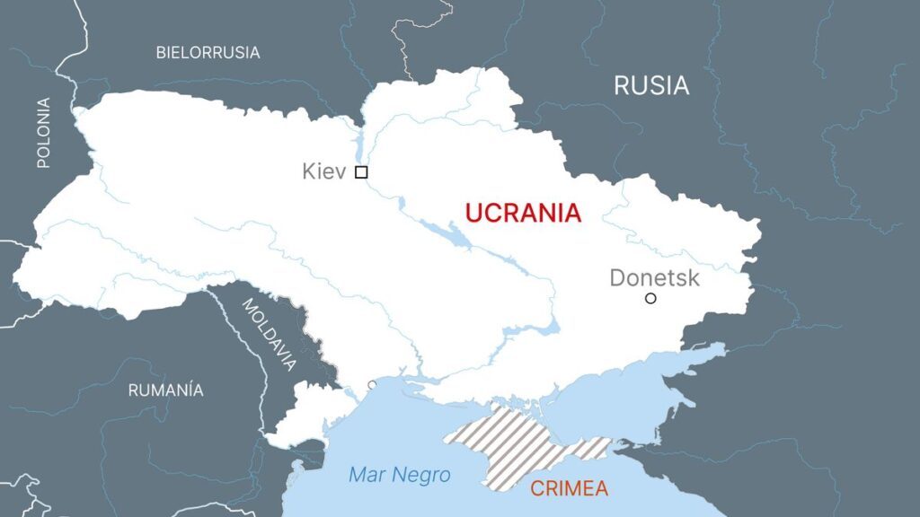 Mapa de Ucrania, Rusia, Kiev, Donetsk, Crimea, Polonia, Bielorrusia, Rumania