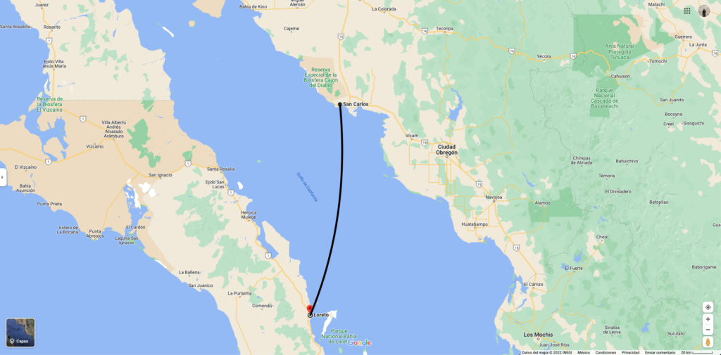 El mapa muestra la separación de San Carlos, Sonora y Loreto, Baja California Sur. FOTO: Google Maps.