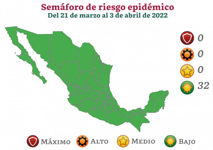 Semáforo de riesgo epidemiológico del 21 de marzo al 3 de abril del 2022; todo en verde. FOTO: Portal Gobierno de México.