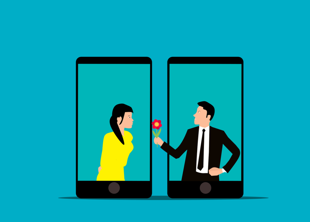 Ilustracion de una pareja hablando en una aplicacion de citas en un celular y sufriendo de estafas romanticas