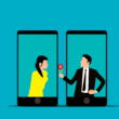 Ilustracion de una pareja hablando en una aplicacion de citas en un celular