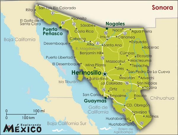 Mapa con la ubicacion de Sonora y Bavispe en Mexico para identificar el alcance del sismo