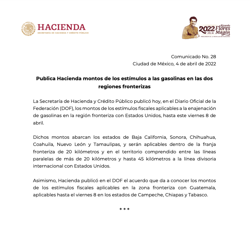 Captura de pantalla del comunicado referente al subsidio de la gasolina. FOTO: Portal Secretaría de Hacienda del Gobierno de México.