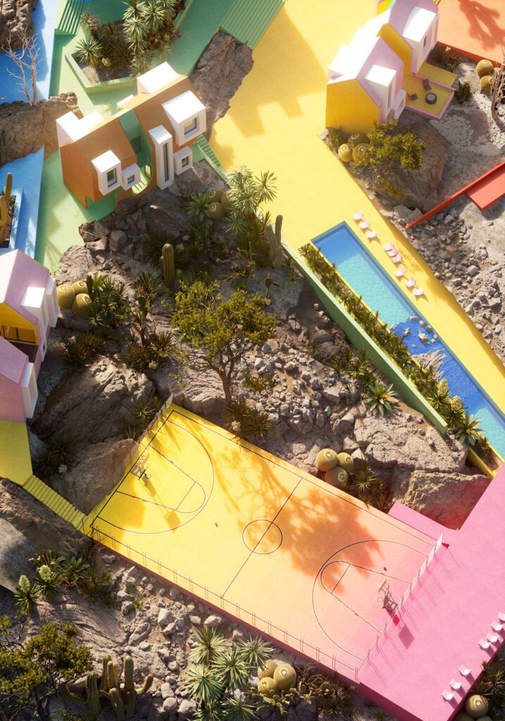 Piscinas, puentes y pasadizos que conectan las casas de Sonora Art Village