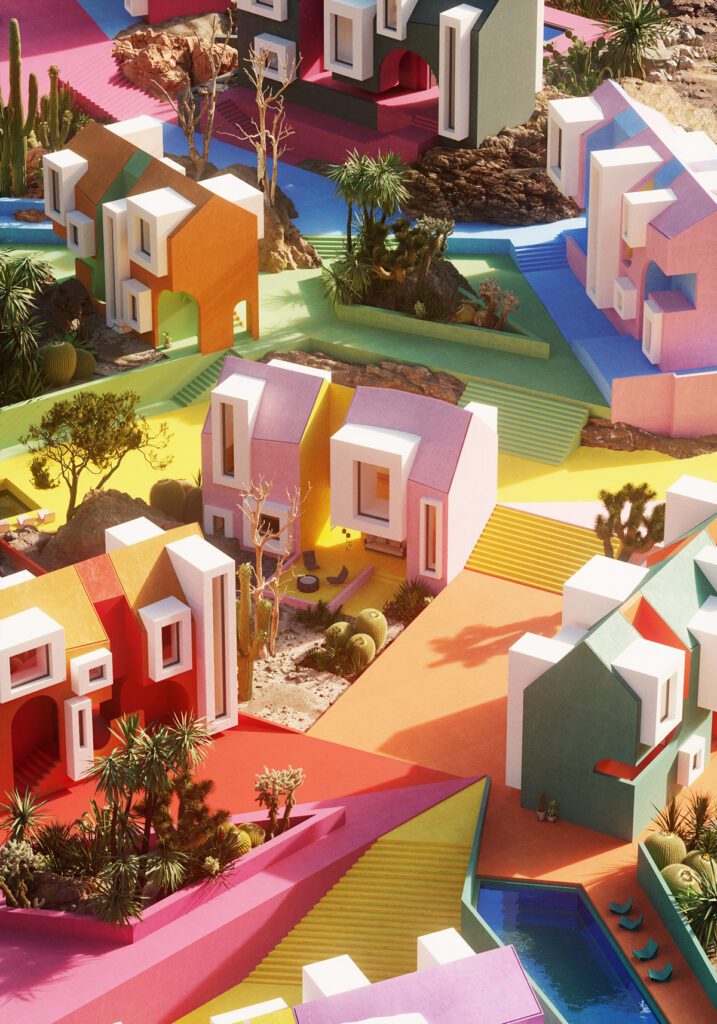 Vista area de la villa virtual Sonora Art Village con sus coloridas casas