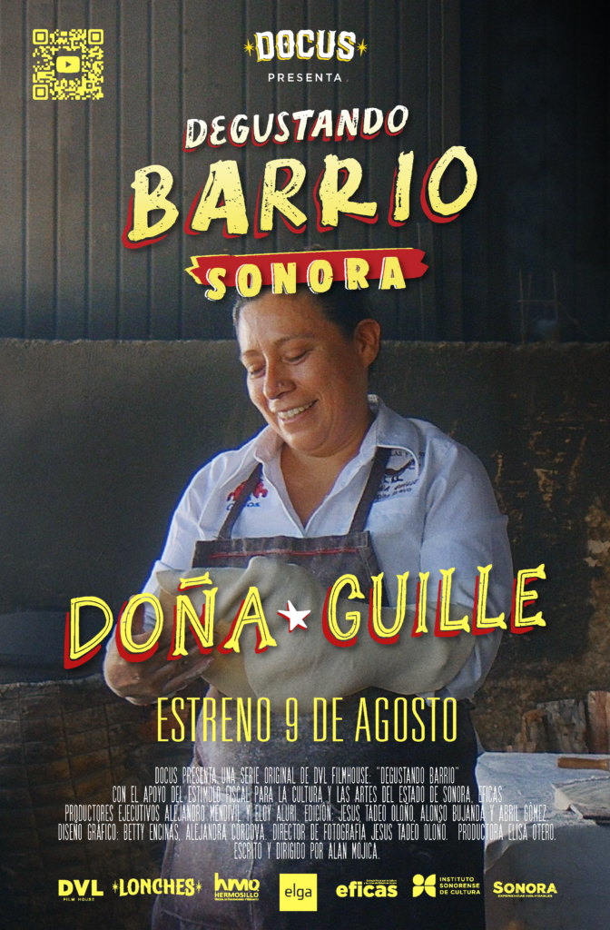 Cartel de presentación de la serie Degustando Barrio Sonora. Con una mujer con mandil haciendo tortillas.