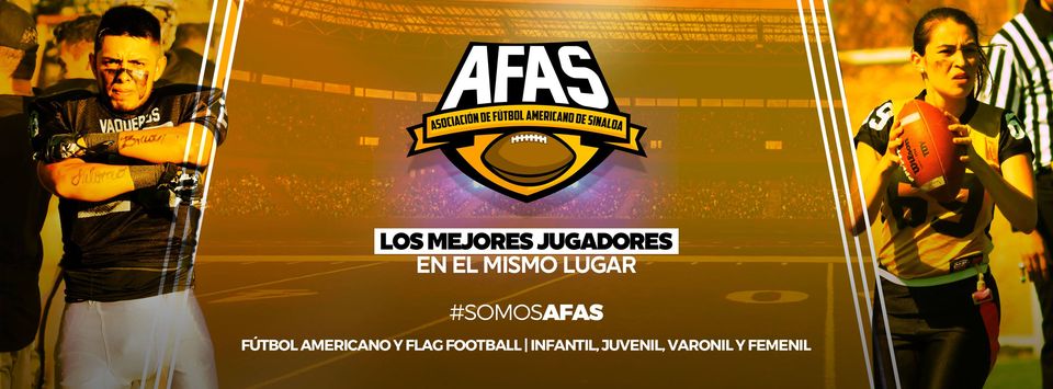 Un banner informativo de la Asociación de Fútbol Americano de Sinaloa (ASAF). Se ve a un hombre y una mujer quienes juegan fútbol americano. Tiene el logo de la asociación.