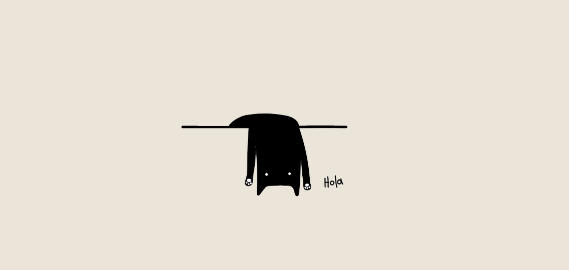 Es la ilustración de un gato negro boca arriba. Al lado dice "Hola". Es la bienvenida a la tienda de Maya Piña, POLĀ POLĀ.