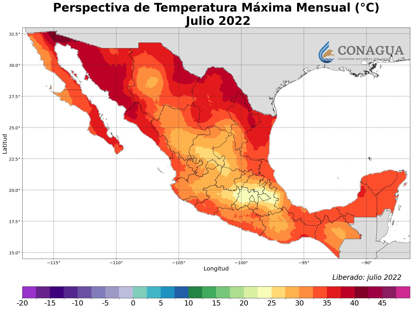 Un mapa de México con colores amarillo, naranja y rojo que indican el nivel de temperaturas máximas que el país experimentará con la canícula 2022.