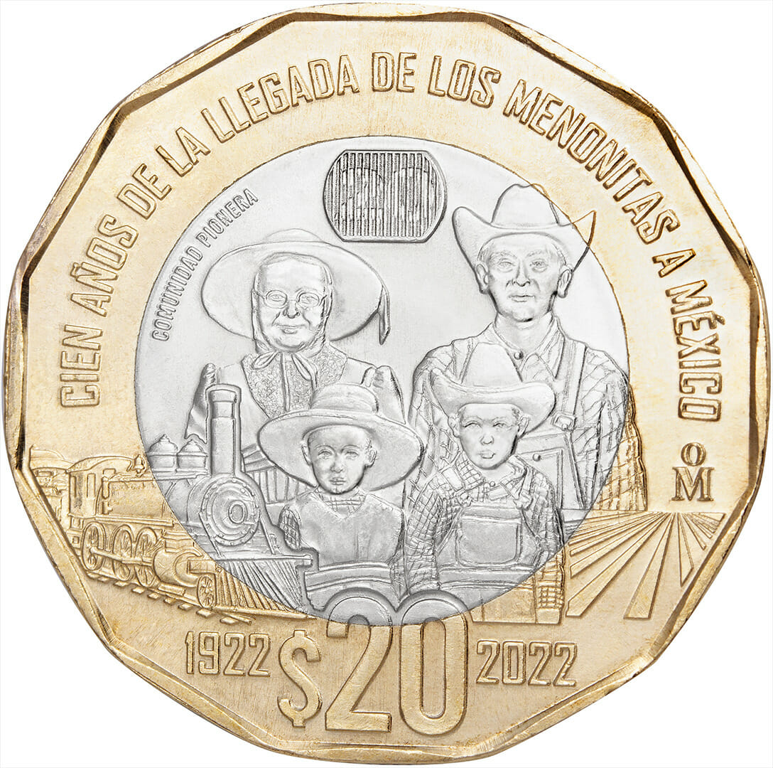 Reverso de moneda conmemorativa por el 100 aniversario de la llegada de los menonitas a México.