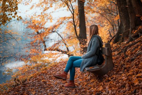 mujer de cabello rubio observa un paisaje de otoño en un bosque de árboles con hojas secas