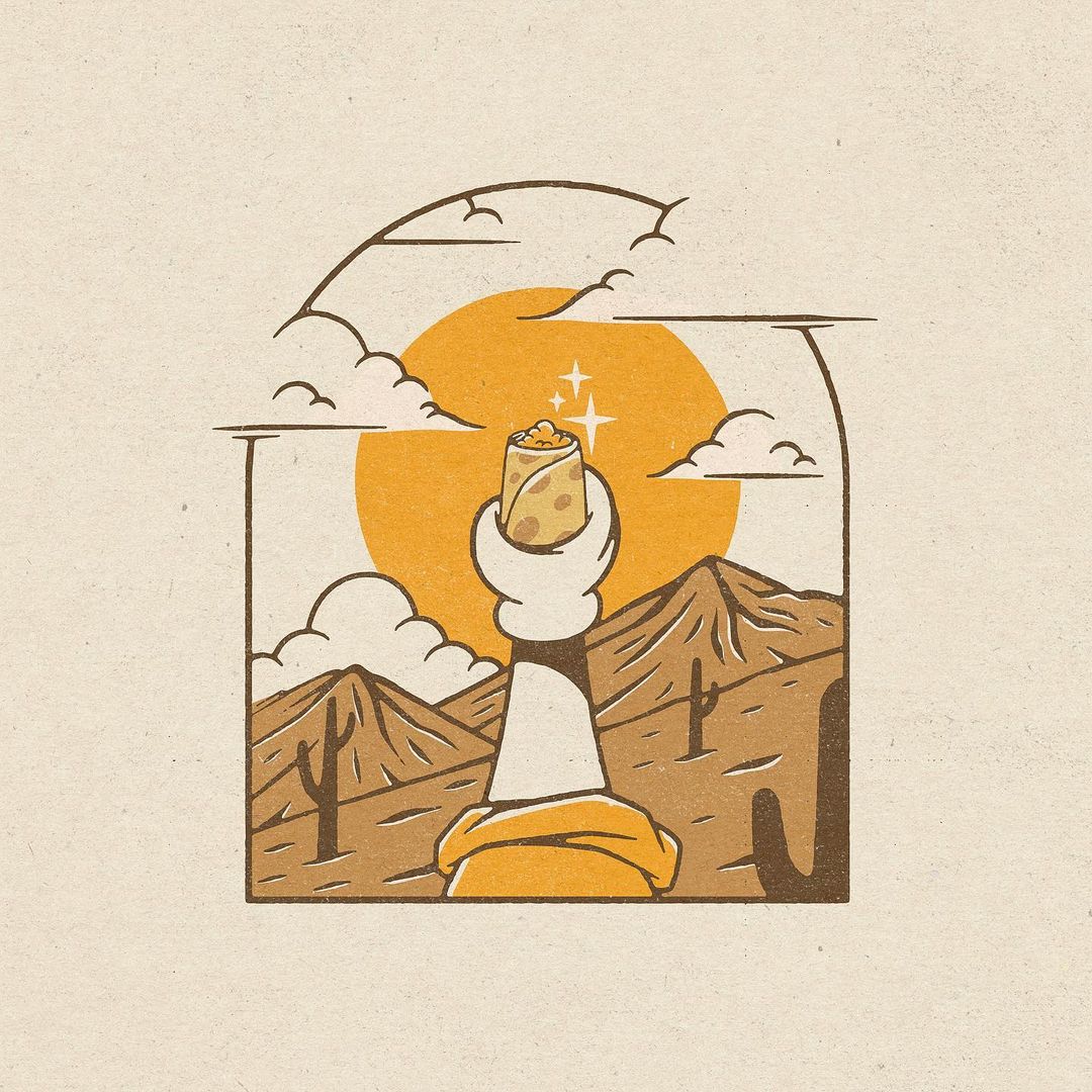 Ilustración de burrito de una mano sosteniendo un burrito en medio del desierto de Pascual Redondo.