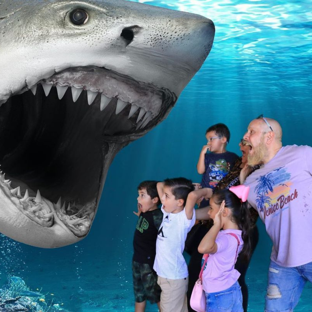 Foto de recuerdo de familia en la green screen del Gran Acuario Mazatlán Mar de Cortés, son sorprendidos por un tiburón.