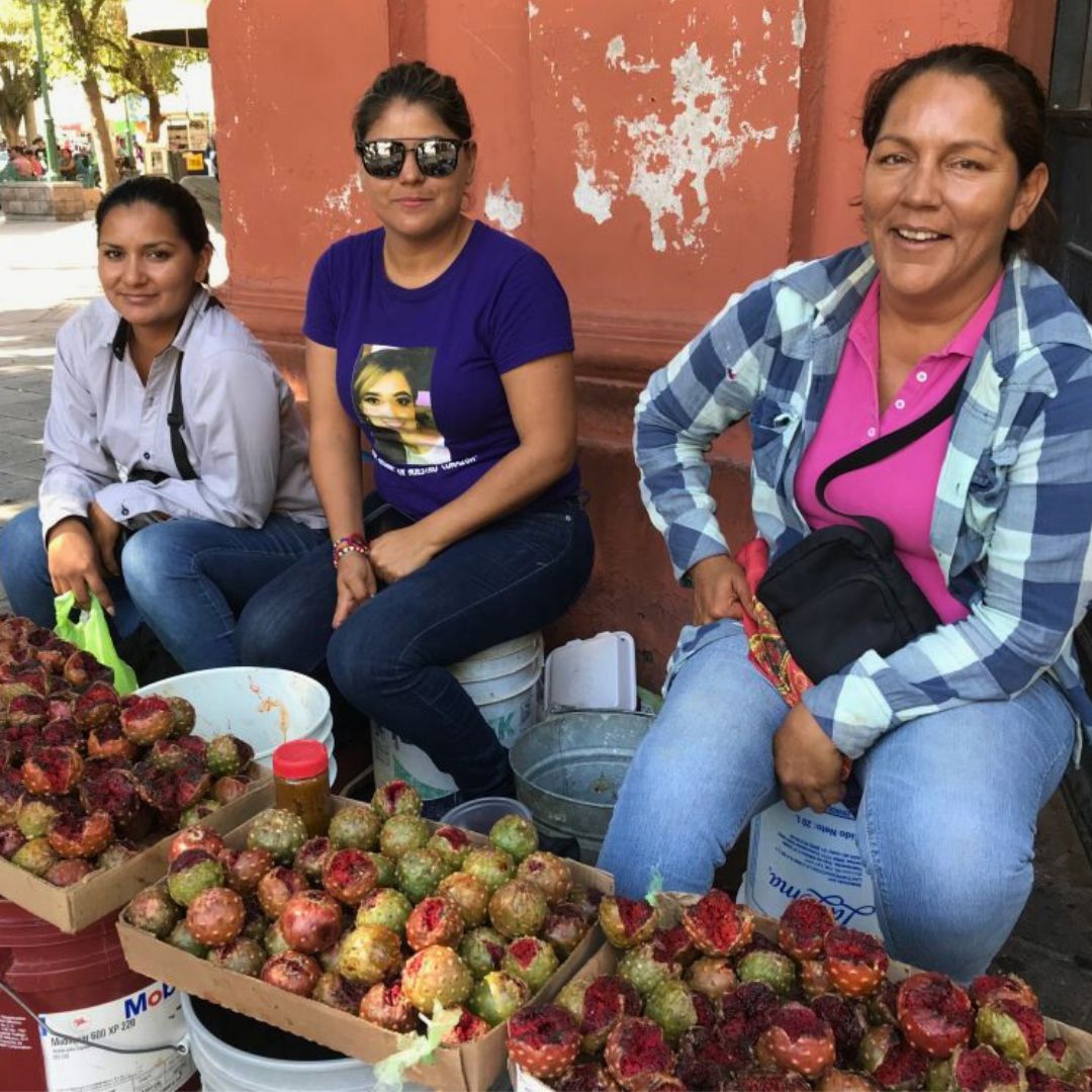 Mujeres vendedoras de pitayas en mercado municipal.